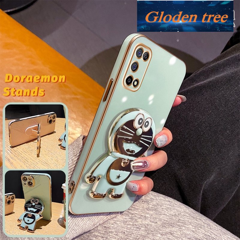 Gloden tree Casing Untuk Realme7 5G Realme V5 5G Case Fashion Kartun Doraemon Lipat Stand Phone Case Electroplating Shockproof Phone Holder Case