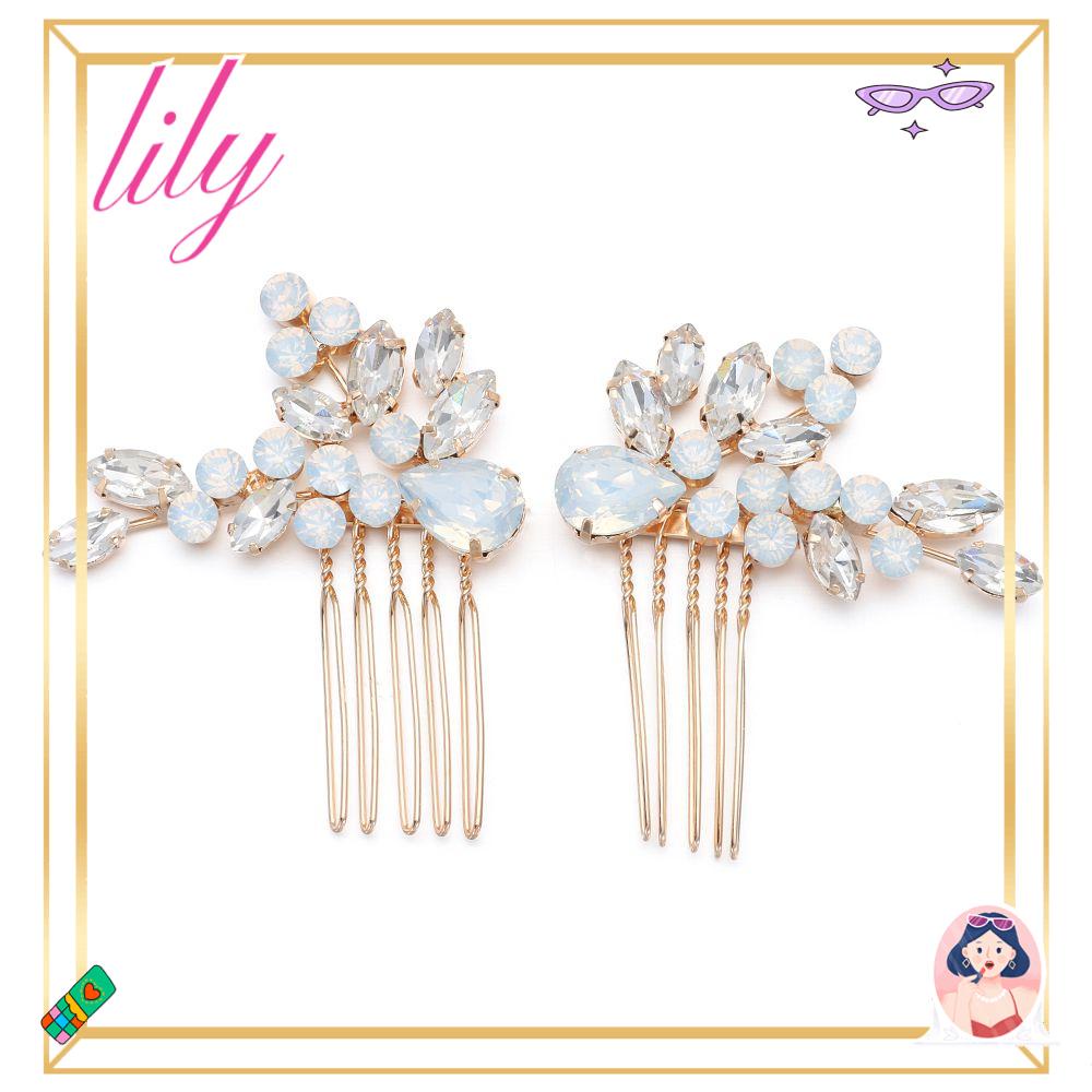 Lily 2pcs/set Wanita Sisir Rambut Alat Styling Pernikahan Kristal Opal Perhiasan