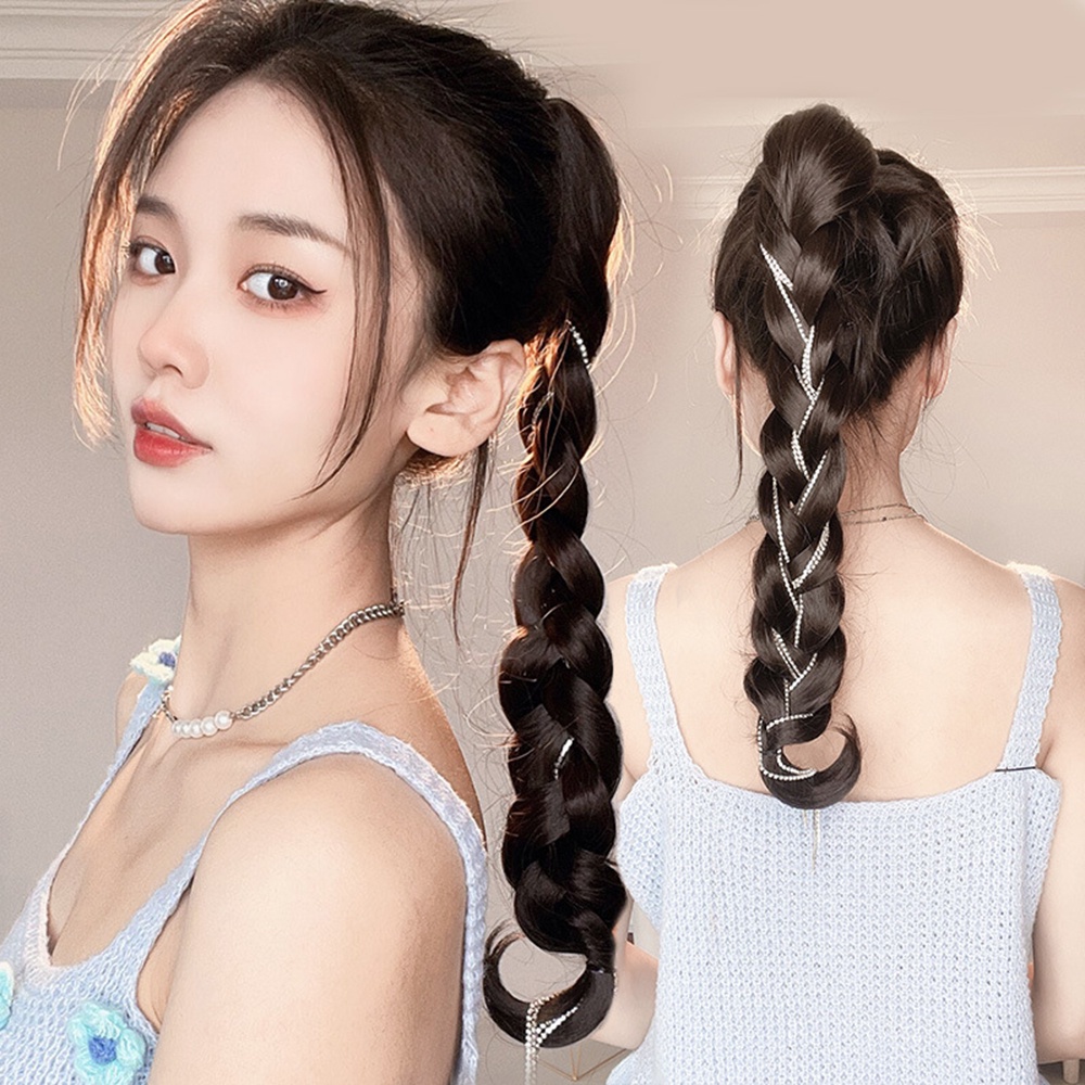 1pcs 50CM Mutiara Gelembung Ponytail Wig Untuk Wanita Manis Dan Keren Kepang Palsu Dengan Punch Braid Hair Extension