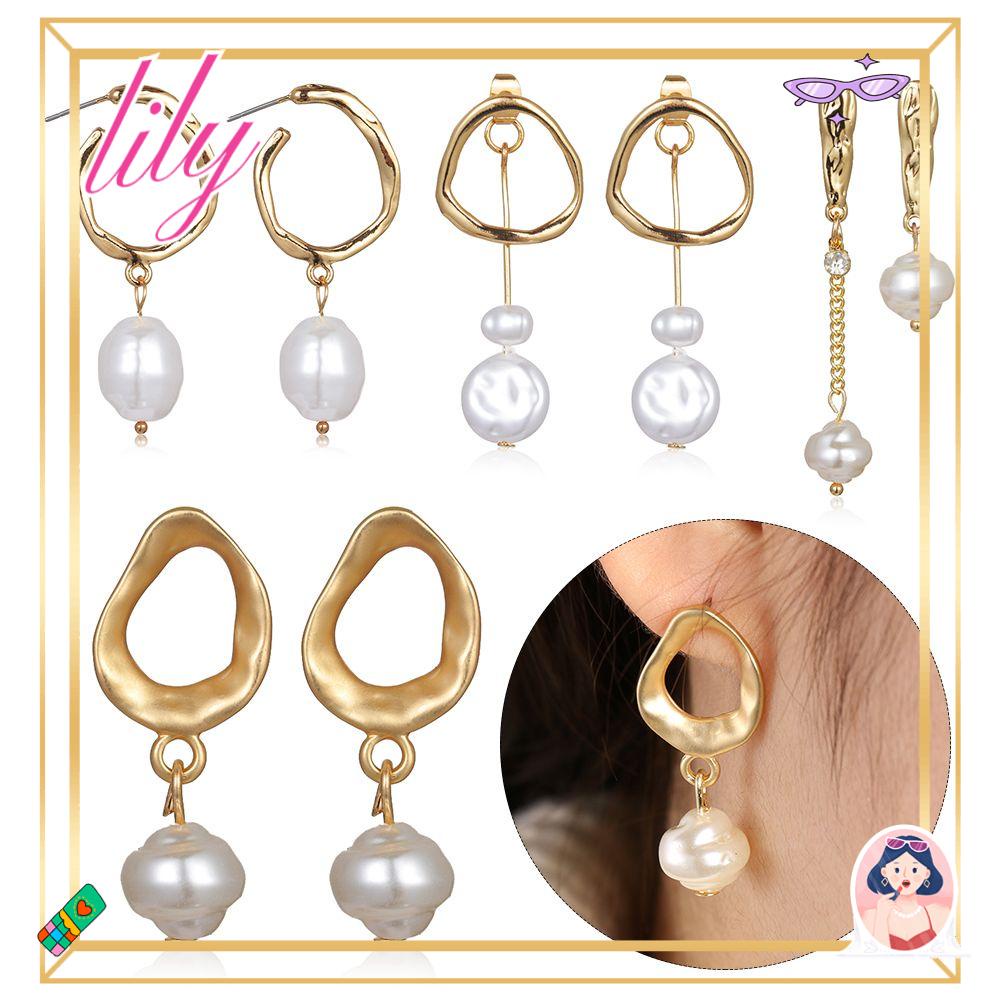 Lily Baroque Pearl Earrings Mode Baru Korea Desain Perhiasan Pesta Pernikahan Geometris Lingkaran Tidak Teratur