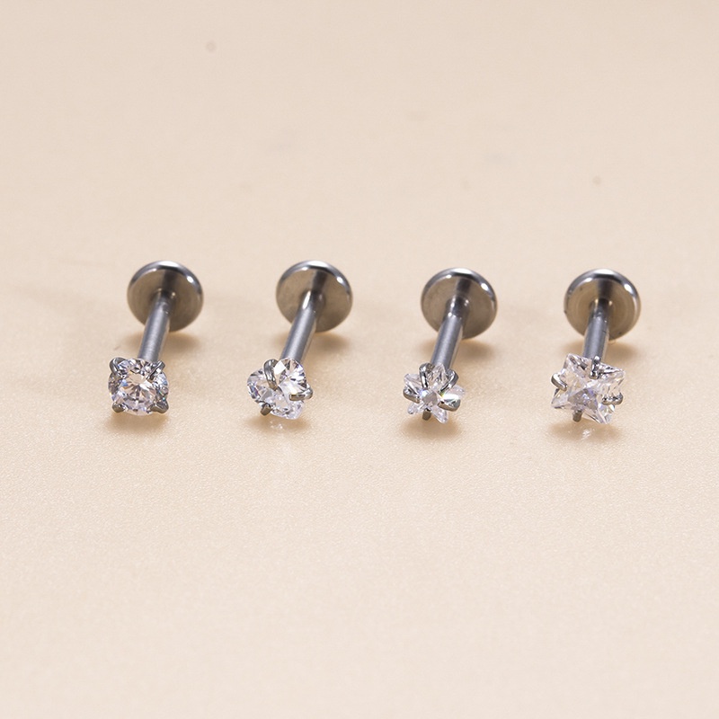 1biji 16Gauge Labret Stud Bibir Helix Tragus Perhiasan Tindik Tubuh Stainless Steel Zirkon Bulat Hati Bintang Bentuk Persegi