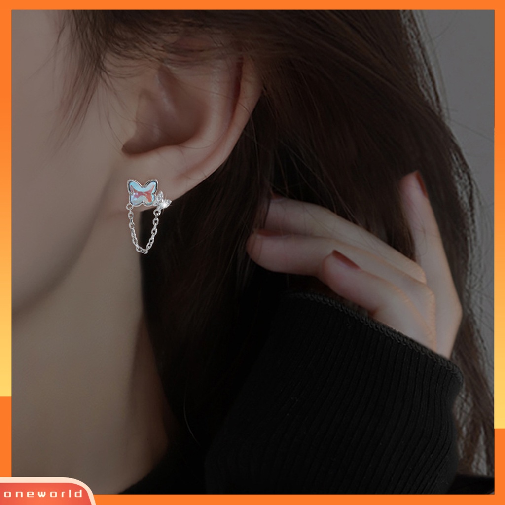 [EONE] 1pasang Ear Studs Mini Faux Moonstone Elegan Berlian Imitasi Tertanam Kupu-Kupu Rantai Wanita Anting Perhiasan Fashion
