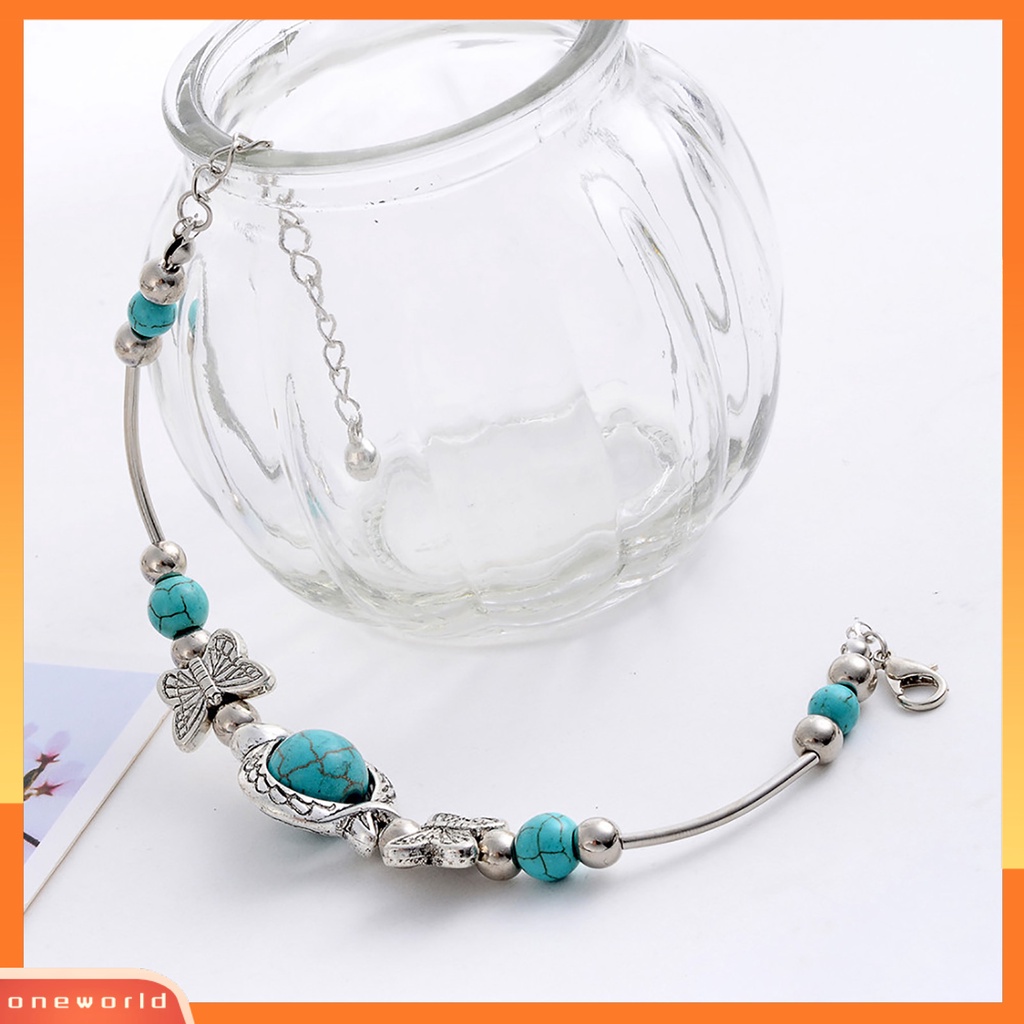[EONE] Kupu-kupu Dekorasi Adjustable Unisex Gelang Alloy Handmade Turquoises Beads Retro Gelang Perhiasan Aksesoris