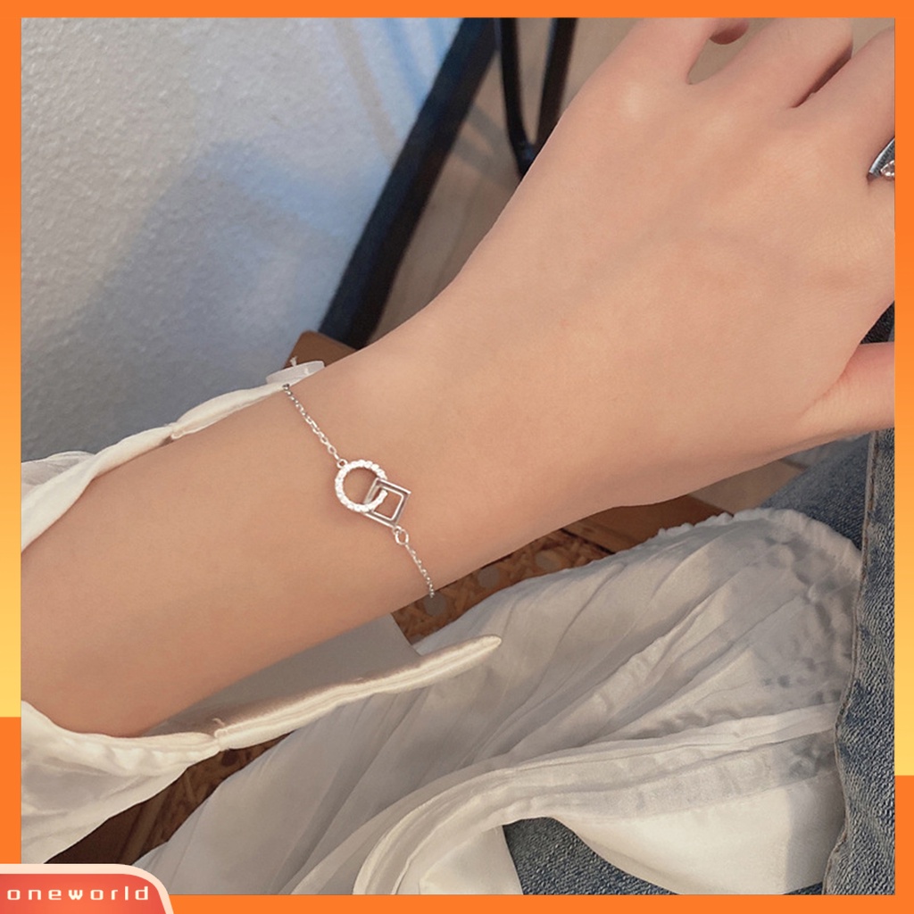 [EONE] Wanita Gelang Adjustable Berlian Imitasi Mengkilap Hias Kepribadian All-match Dekorasi Geometris Persegi Cincin Interlock Rantai Gelang Tangan Perhiasan Untuk Pacaran