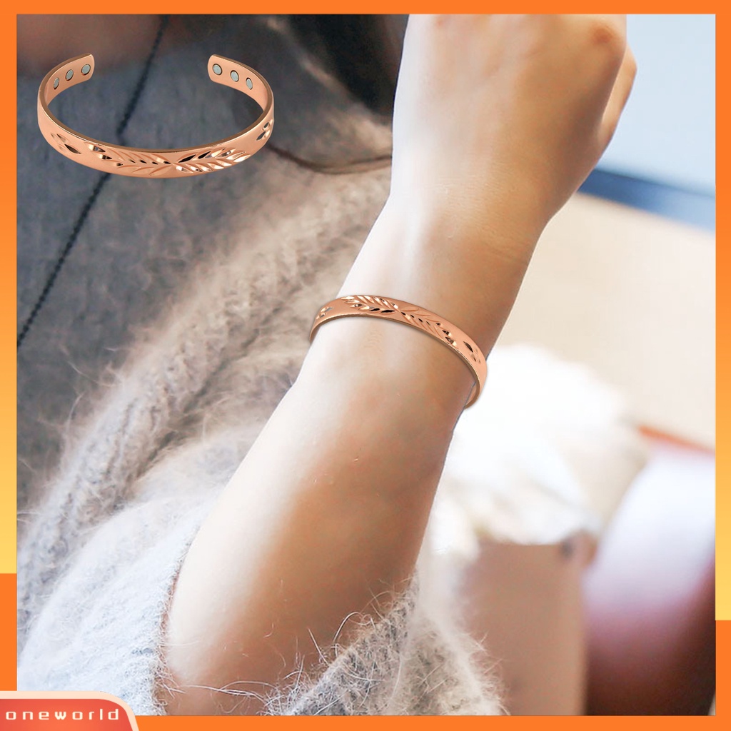 [ONE] Opening Bangle Adjustable Electroplating Lebar Elegan Dipoles Hadiah Rose Golden Color Pria Wanita Motif Daun Cuff Gelang Untuk Harian