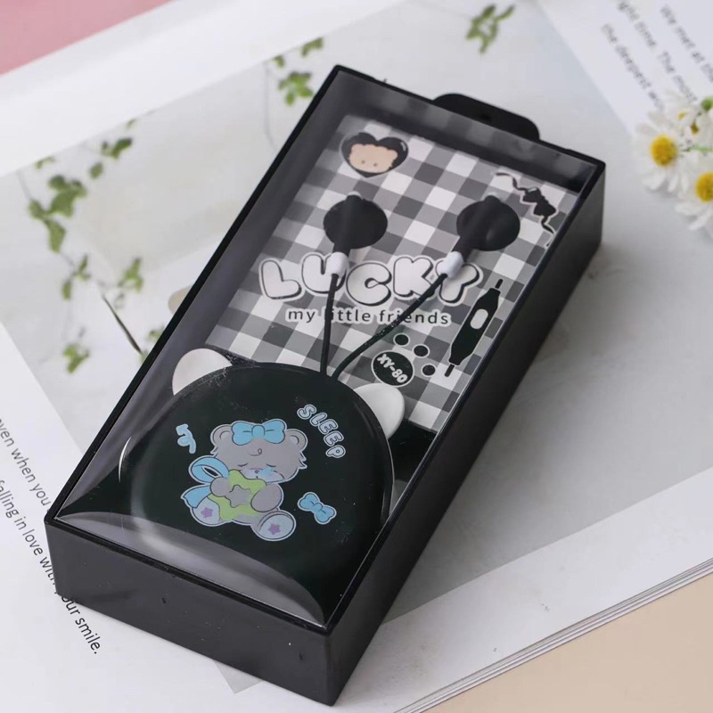 [ XY 80 ] Set Headset Earphone motif l Lucky Happy/ + Wadahpenyimpanan Earphone