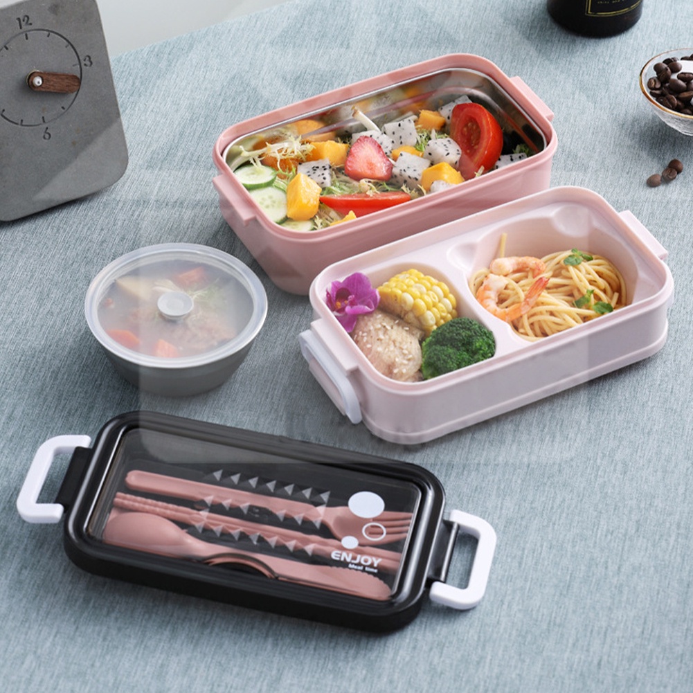 Lunch Box Leakproof Stainless Steel Picnic With Cutlery Adults Kids Double Layer