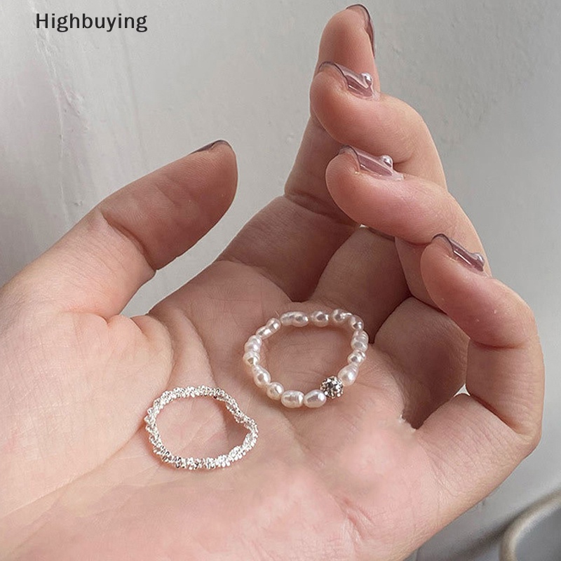 Hbid 2Pcs Korea Mutiara Imitasi Cincin Set Untuk Wanita Manik-Manik Putih Knuckle Ring Silver Plated Sparkling Ring Aesthetic Kpop Perhiasan Glory