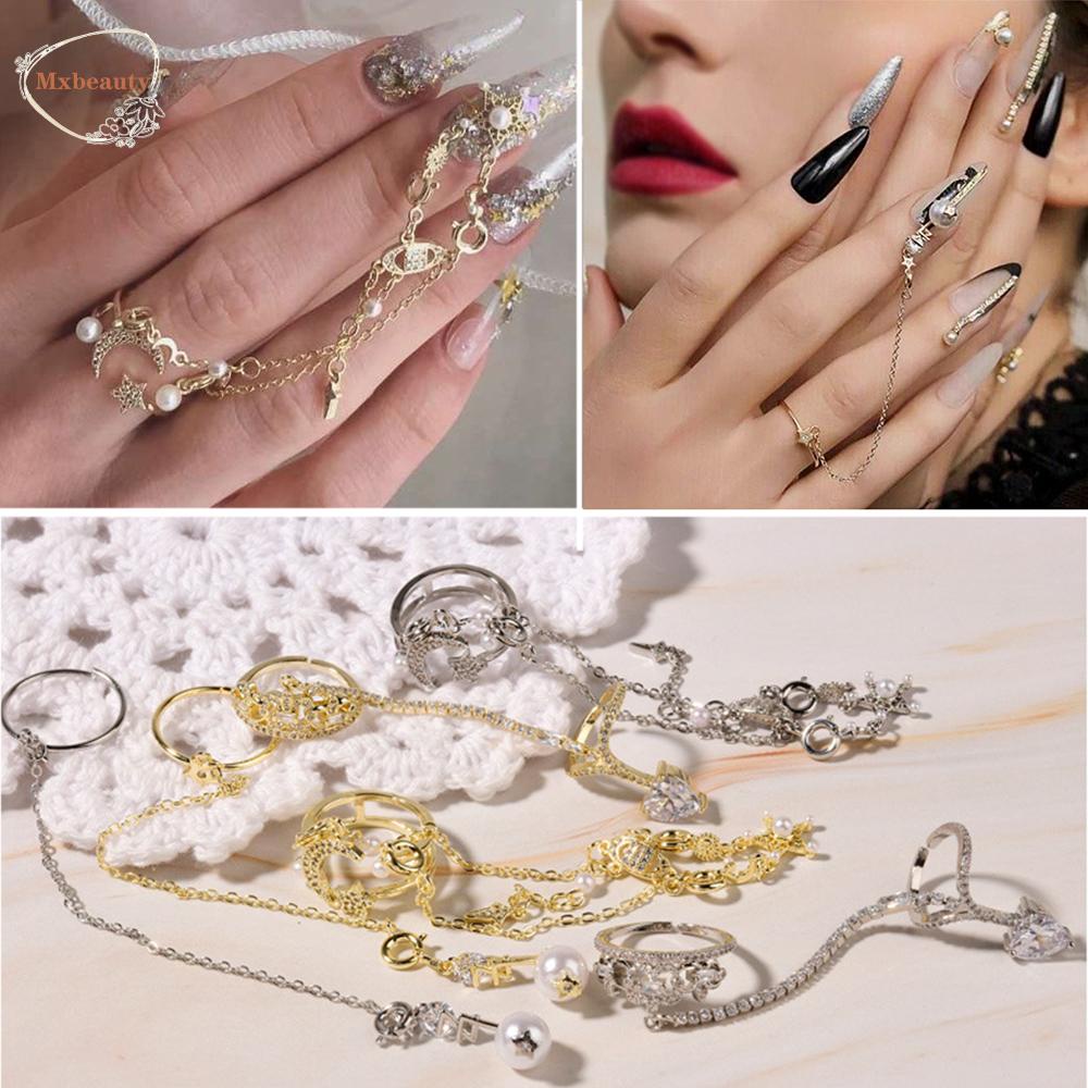 Mxbeauty Perhiasan Cincin Kuku Emas Perak Mahkota Liontin Rumbai Logam Zirkon Nail Art Dekorasi