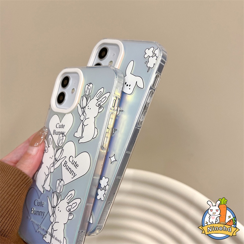 IPHONE Ins Gradien Casing Laser Kompatibel Untuk Iphone14 13 12 11 Pro Max X Xr Xs Max 8 7 6 Plus SE 2020 Kreatif Lukisan Kelinci Shockproof Phone Case Tepi Lurus Akrilik Hard Case