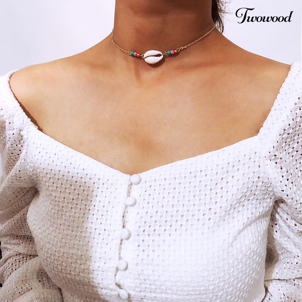 Twowood Simple Lady Bohemia Kerah Perhiasan Manik-Manik Pola Kerang Fashion Choker Kalung