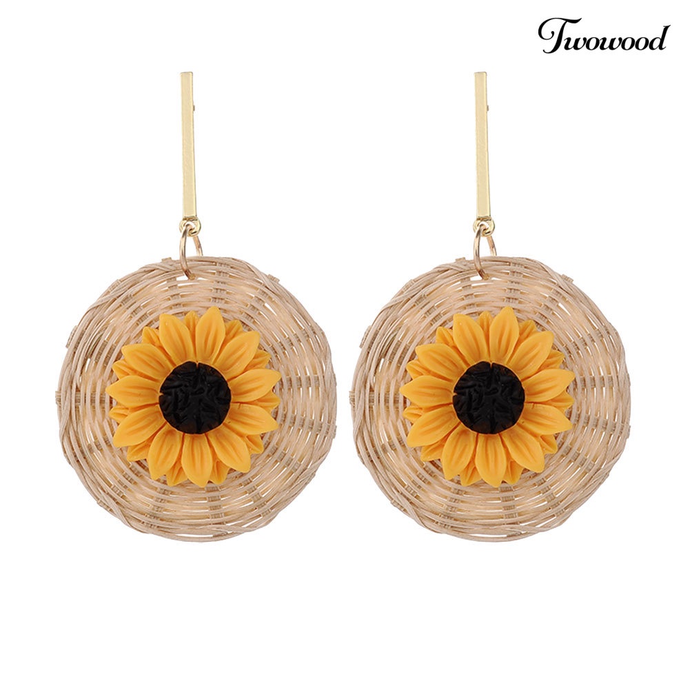 Twowood Boho Bunga Matahari Rotan Anyaman Bulat Liontin Statement Wanita Stud Earrings Perhiasan