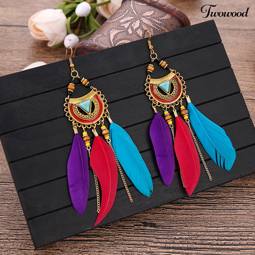 Twowood 1pasang Anting Kait Gaya Bohemia Etnik Bulu Sintetis Indah Lady Boho Anting Menjuntai Untuk Prom