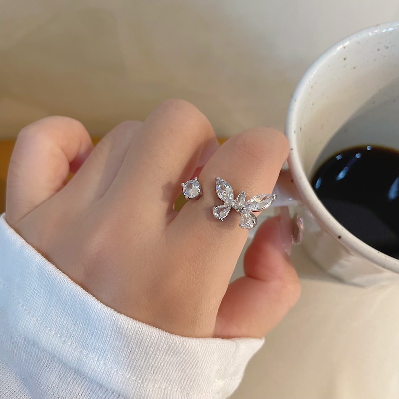 Cincin Terbuka Kupu-Kupu Bahan Alloy Zircon Korea Untuk Wanita