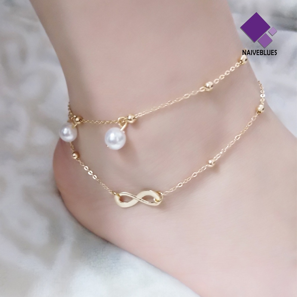 &lt; Naiveblues &gt; Sandal Boho Pantai Barefoot Infinit-y Charm Manik Gelang Kaki Layers Anklet
