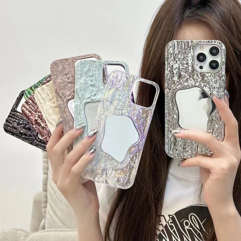 【Pleated mirror】Fashion Pretty Make up Mirror Silicone Case for iPhone 6S 7 8 Plus XS Max 11 12 13 14 Pro Max Phone Case for Women Girl Gift