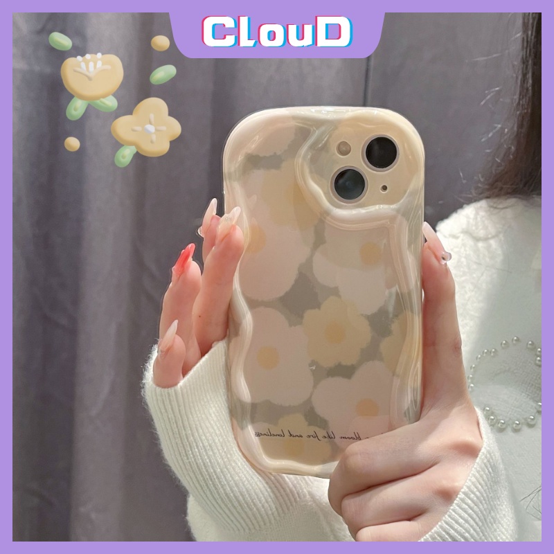 IPHONE Casing Bunga Tepi Melengkung Bergelombang Kreatif 3D Kompatibel Untuk Iphone11 14 12 13 Pro Max7 8 6s 6 Plus XR X XS Max SE 2020 Shockproof Glossy Spring Fresh Flowers Soft Cover