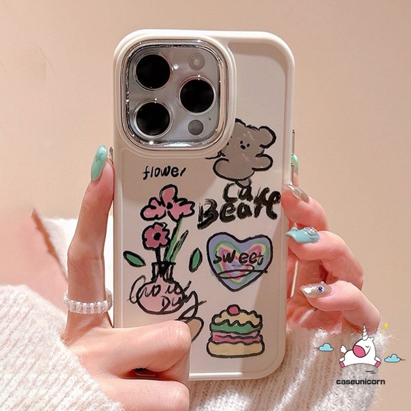 IPHONE Art Kartun Graffiti Flower Phone Case Kompatibel Untuk Iphone11 13 14 12 Pro Max XR 7Plus 8 7 Plus X XS Max Cinta Hati Kucing Anjing Lucu Beruang Plating Metal Frame Lensa Soft Cover