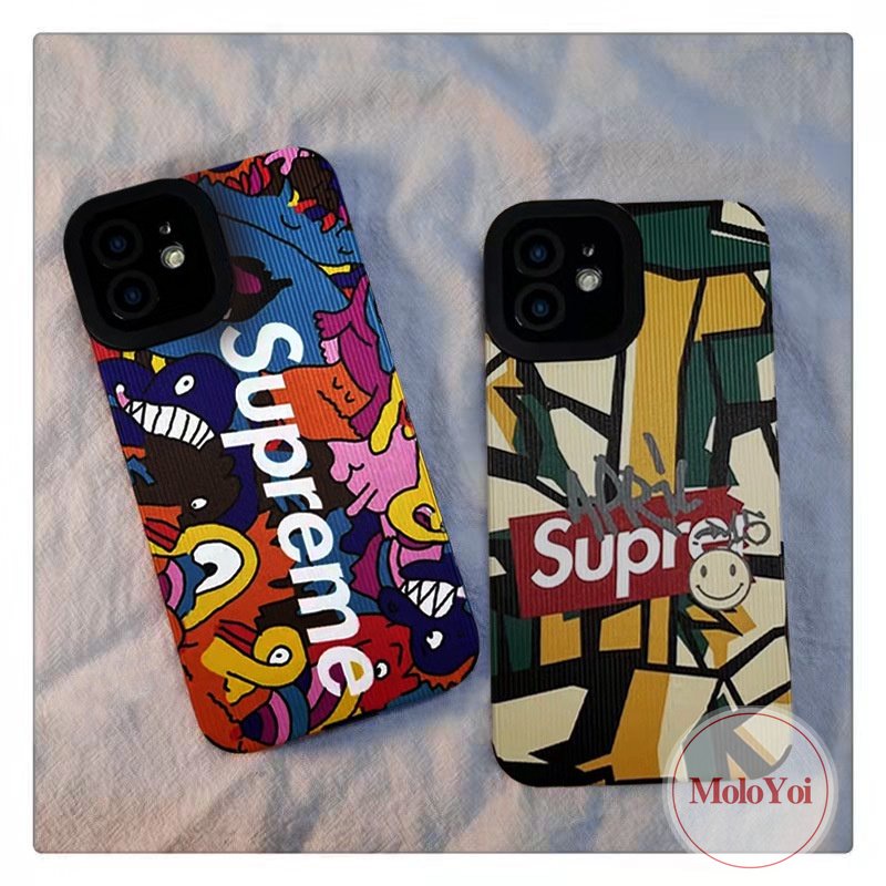 Stiker Tekstur Kulit Lembut Shockproof Case Kompatibel Untuk IPhone XR X XS Max8 7 Plus 13 14 12 11 Pro Max 8Plus 7Plus Merek Trendi Super.me Kartun Lucu Graffiti Silicon Cover