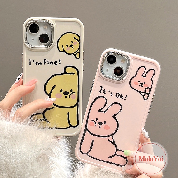 IPHONE Lukisan Cat Minyak Mewah Lucu Anjing Kelinci Ponsel Case Kompatibel Untuk Iphone11 12 13 14 Pro Max7 8 Plus XR X XS MAX Pecinta Lucu Kartun Soft Plating Metal Lensa Frame Pasangan Cover