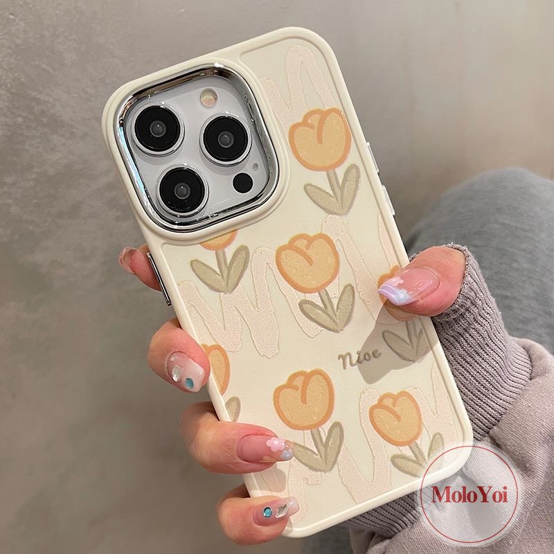 IPHONE Luxury Plating Electroplate Fresh Tulip Flower Phone Case Kompatibel Untuk Iphone11 14 12 13 Pro MAX 7plus 8plus XR X7 8 Plus XS MAX Frame Lensa Metal Shockproof Soft Cover