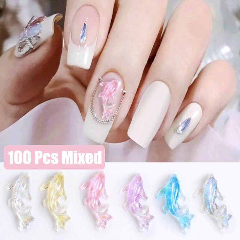 [Unggulan] 50 /100Pcs/Bag Resin Ikan Kecil Nail Art Ikan Mas Glitter Dekorasi Kuku Warna-Warni Dolphin Stereo Hiasan Kuku DIY Aksesoris Manicure Nail Drill Perhiasan Bagian