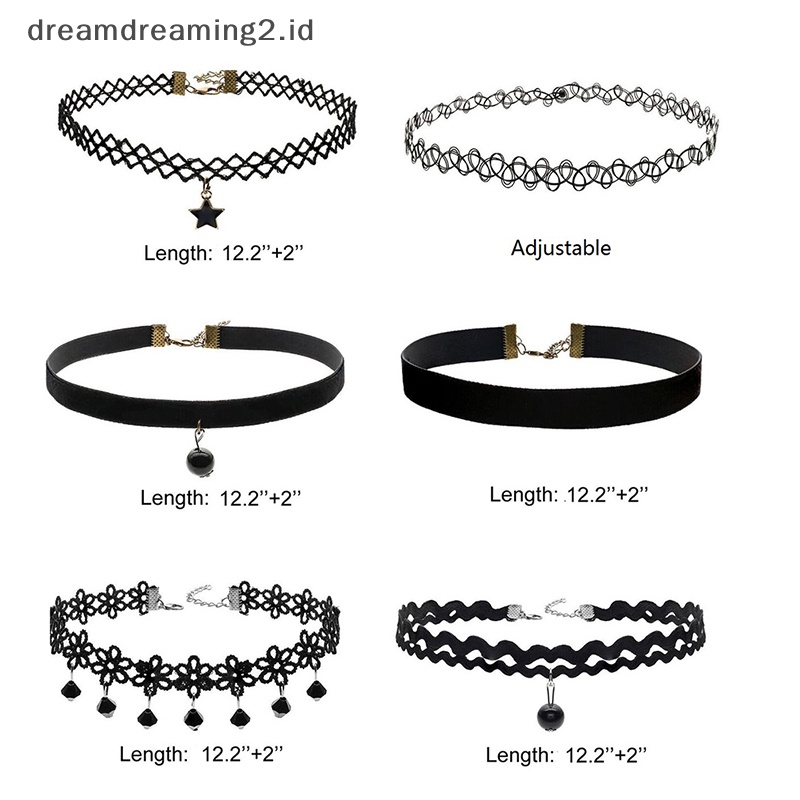 (drea) 6 Pcs Wanita Hitam Beludru Choker Kalung Gadis Renda Choker Tato Kalung Liontin//