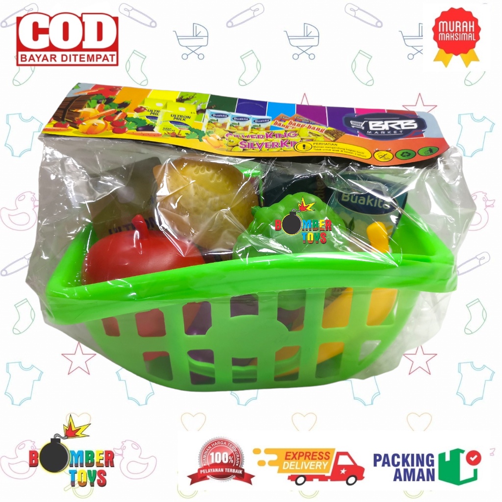 MAINAN ANAK KERANJANG Supermarket Set Troli Belanja Keranjang Buah Sayur Dummy