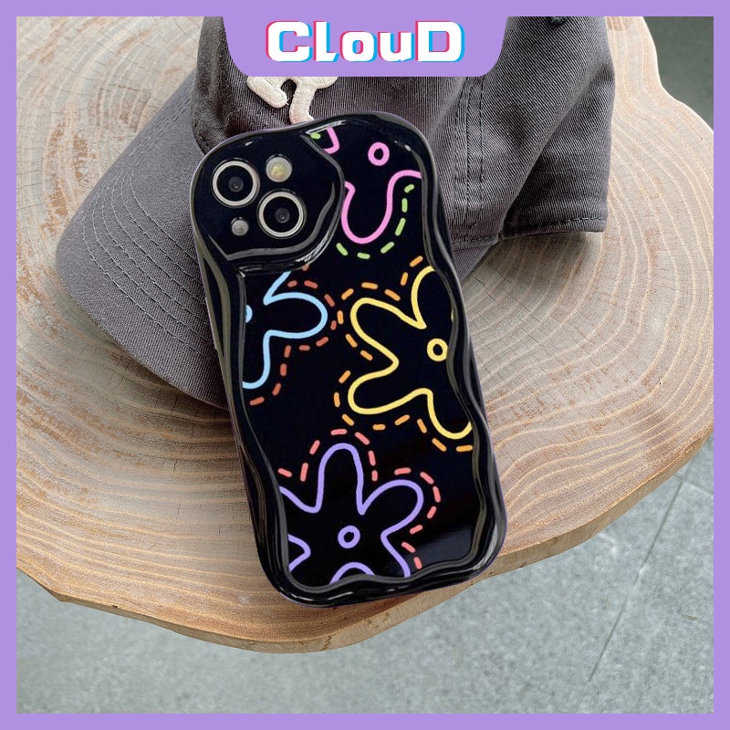 3d Wavy Curved Edge Shockproof Glossy Floral Phone Case Kompatibel Untuk iPhone 7Plus XR X11 14 12 13 Pro Max 6s 6 7 8 Plus XS Max SE 2020 Fashion Garis Sederhana Bunga Soft Cover