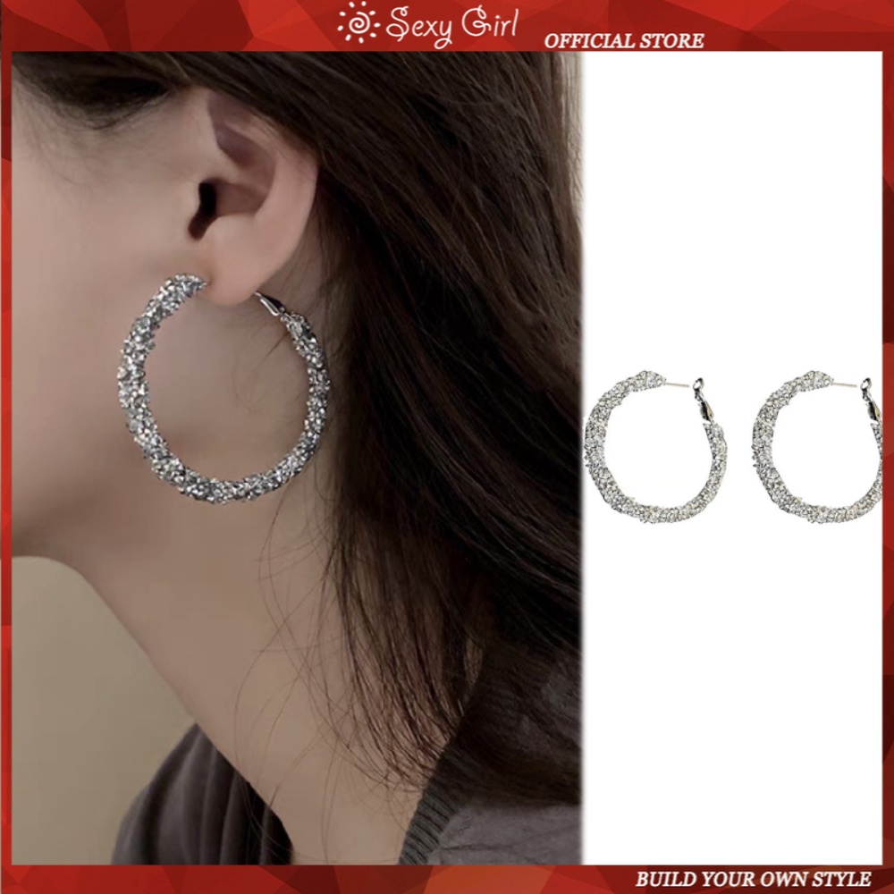 Anting Lingkaran Besar Populer High-end Perasaan Penuh Berlian Fashion Temperamen Cincin Melingkar Anting Perhiasan Gadis Seksi