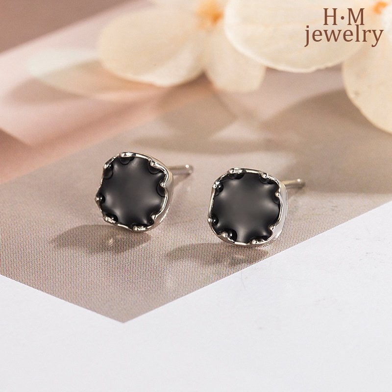 S925 Perak Sederhana Geometris Square Ear Studs Anting Hitam Bermutu Tinggi