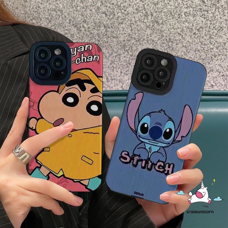 IPHONE Cute Crayon Shin-chan Kartun Stitch Phone Case Kompatibel Untuk Iphone11 14 12 13 Pro XR 7 8 Plus MAX X XS MAX Shockproof Tekstur Kulit Mewah Lembut Tpu Silicon Cover