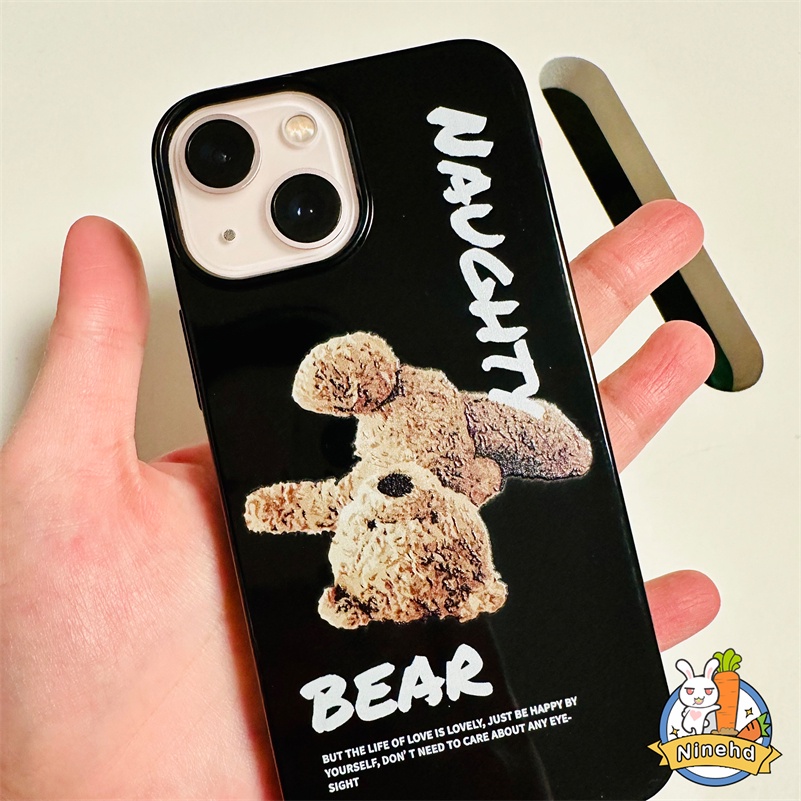 IPHONE Casing Kompatibel Untuk Iphone14 13 12 11 Pro Max X Xr Xs Max8 7 6 6s Plus SE 2020 Pasang Merek Teddy Bear Hitam Mengkilap Casing Ponsel Pelindung Lensa Shock Resistant Silicone Soft Case