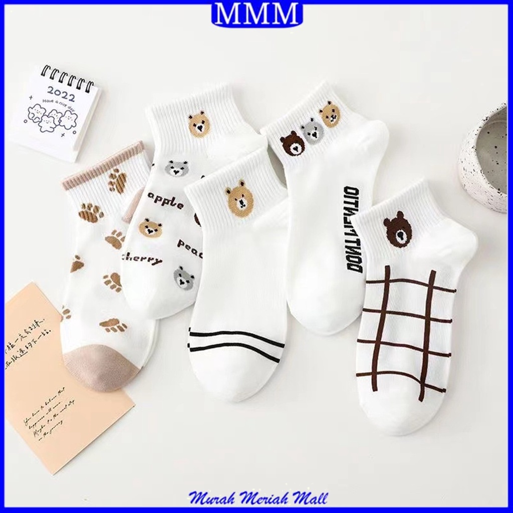 MMM Kaos Kaki Pendek Wanita Karakter Beruang Garis Lucu 6770 Kaus Kaki Motif Bear Line Kaoskaki Fashion Korea Women Sock Import Murah