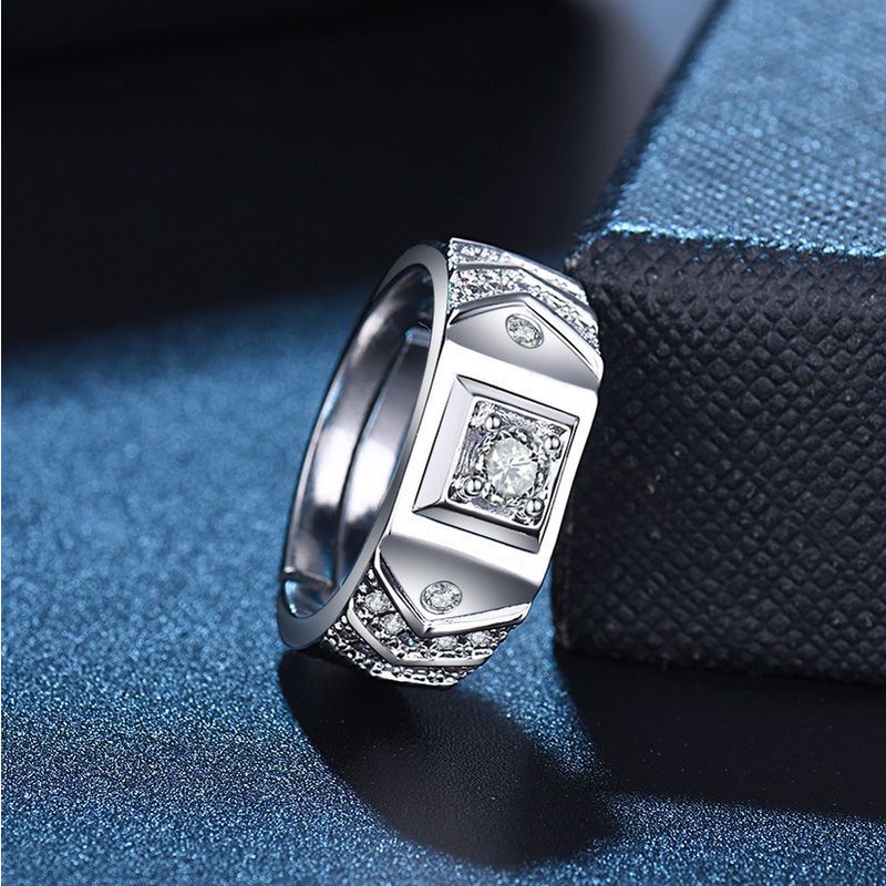 Mewah Berlian Kristal Perak Baja Titanium Pria Fashion Perhiasan Platinum Pernikahan Pertunangan Rings Adjustable Size