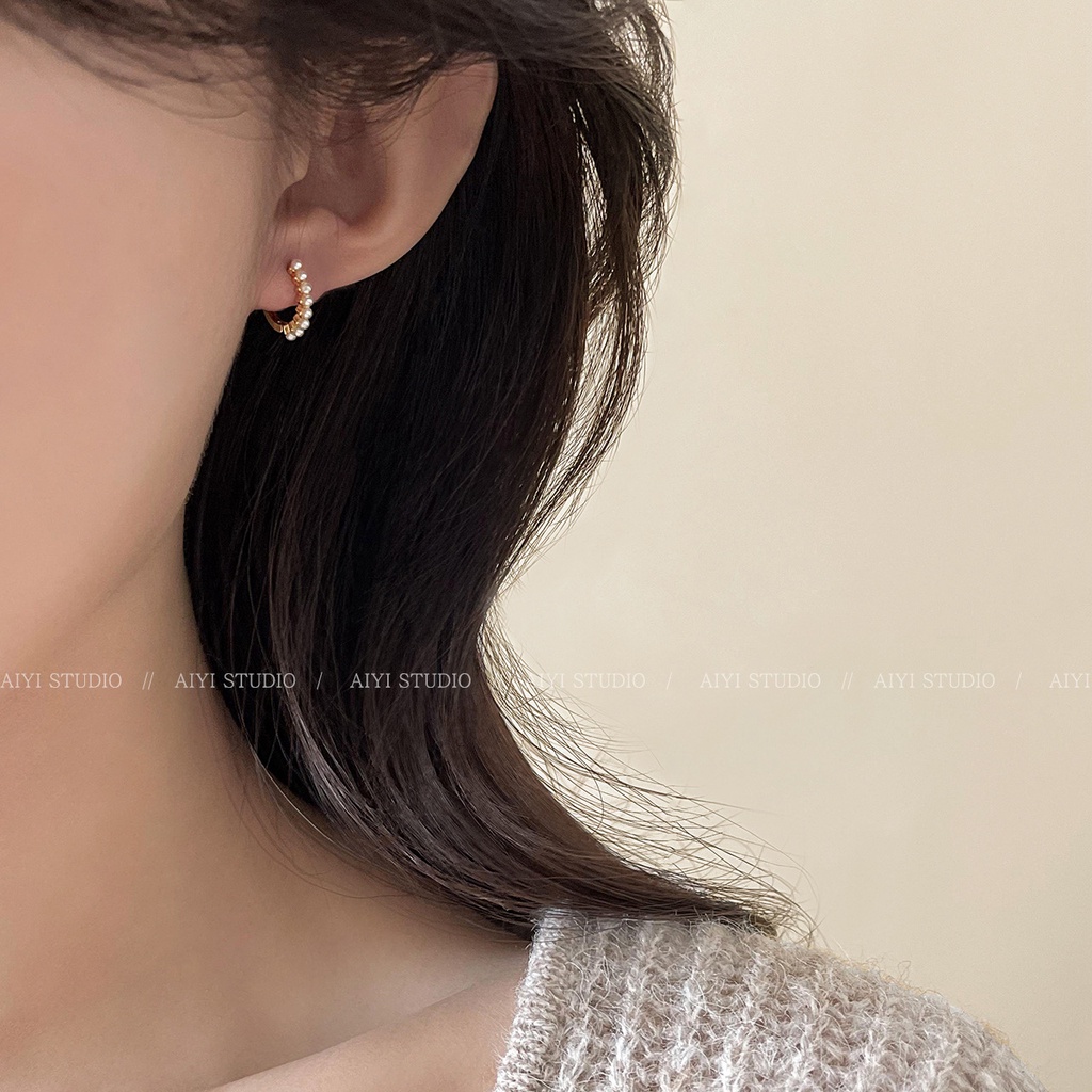 S925 Perak Jarum Rasa Senior Cahaya Mewah Mutiara Telinga Cincin Perempuan