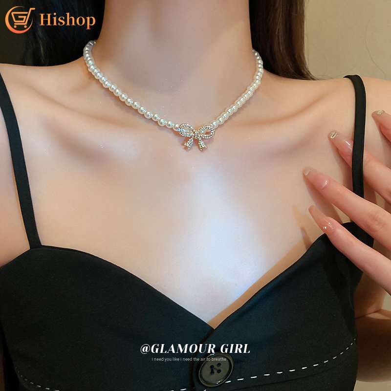 Kalung Rantai Manik Mutiara Untuk Wanita Elegan Kristal Busur Emas Choker Perhiasan Aksesoris