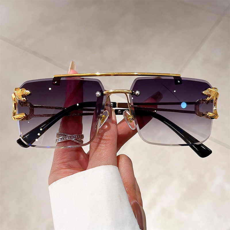 (YUZHU) Western Fashion Metal Sunglasses for Women New Fashion Double Beam Square Leopard Sunglasses Untuk Pria