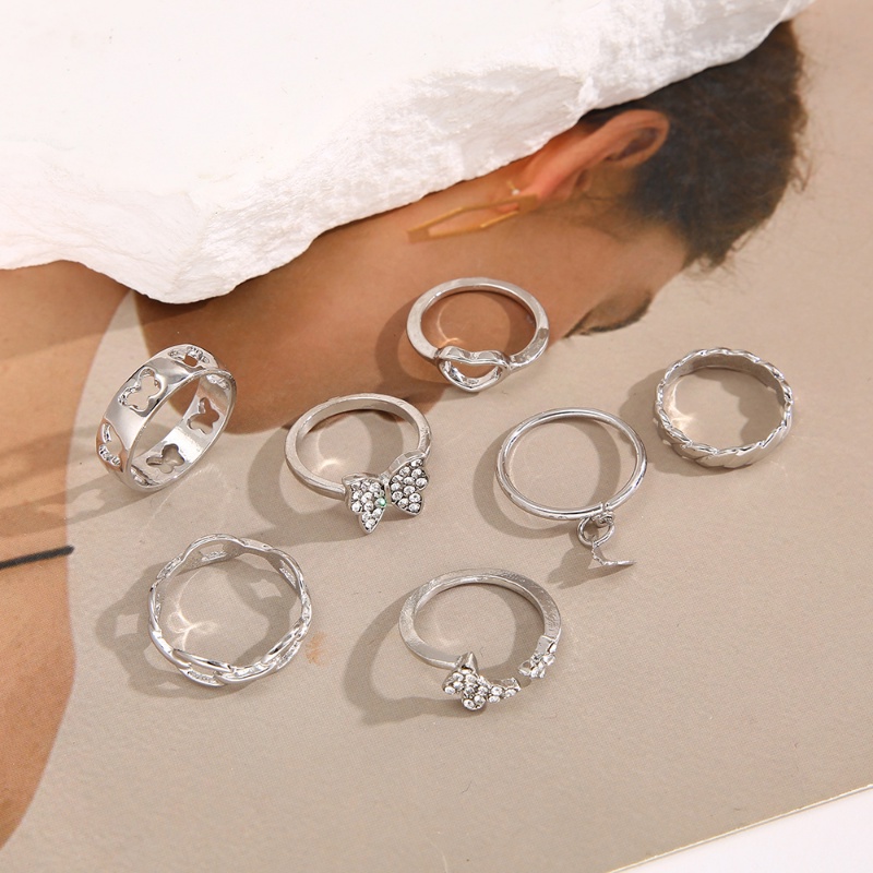 7pc/set Cincin Kupu-Kupu Zirkon Berongga Korea Busur Perak Rings Untuk Wanita Fashion Perhiasan Aksesoris