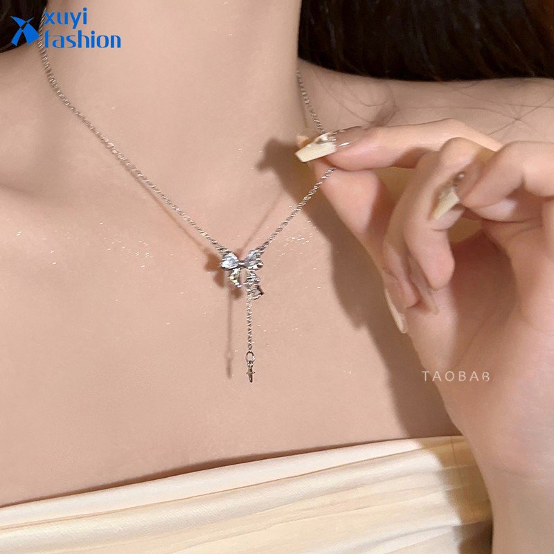 Bow Necklace Kalung Liontin Kupu-Kupu Kristal Perak Untuk Aksesoris Perhiasan Fashion Wanita