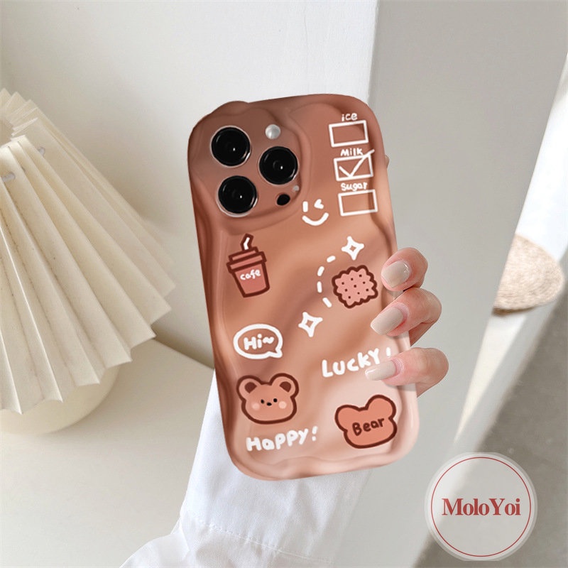 IPHONE Smiley Coffee 3D Wavy Curved Edge Glossy Case Kompatibel Untuk Iphone11 12 13 14 Pro Max XR X XS Max 7Plus 8 6s 6 7 Plus SE 2020 Lucu Kartun Beruang Gradien Telepon Tpu Soft Cover