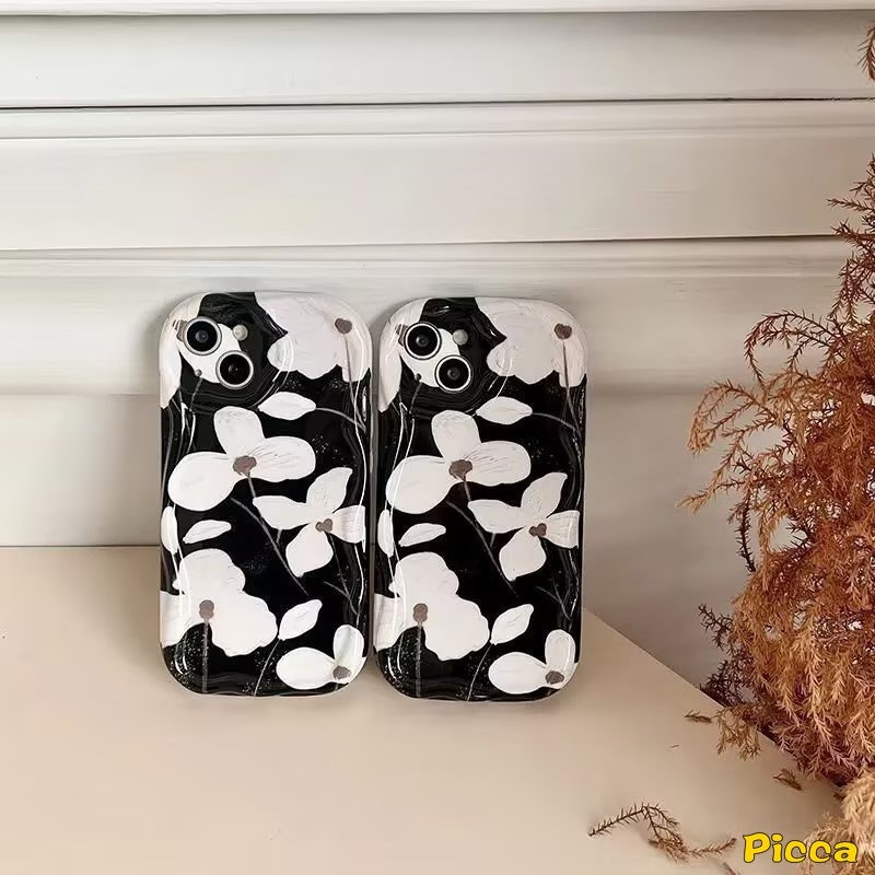 Ins Fashion Casing Bunga Seni Retro Hitam Untuk Redmi9 10 9A A1 A2 9T 10A 9C NFC 10C Redmi Note12 11 10 8 9 11s 10s 10Pro 10 Pro Max Plus POCO M3 3D Tepi Bergelombang Lengkung Lembut Sarung