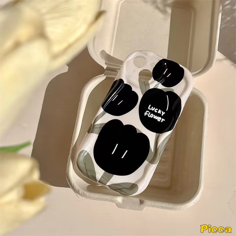 Ins Fashion Casing Bunga Tulip Keberuntungan Hitam Untuk Redmi9 10 9A A1 A2 9T 10A 9C NFC 10C Redmi Note12 11 10 8 9 11s 10s 10Pro 10 Pro Max Plus POCO M3 3D Tepi Bergelombang Lengkung Lembut Sarung