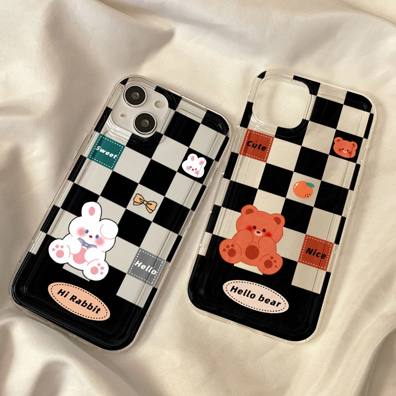 IPHONE Casing Ponsel Beruang Kotak-Kotak Lucu Kompatibel Untuk Iphone7Plus8Plus6Plus11 14 13 12 Pro MAX XR X XS MAX SE Airbag Shockproof Cover