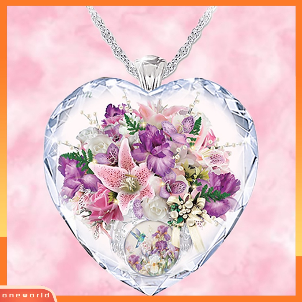 [ONE] Kalung Bentuk Hati Bahan Kaca Multi Warna Motif Bunga Charm Necklace Untuk Hadiah