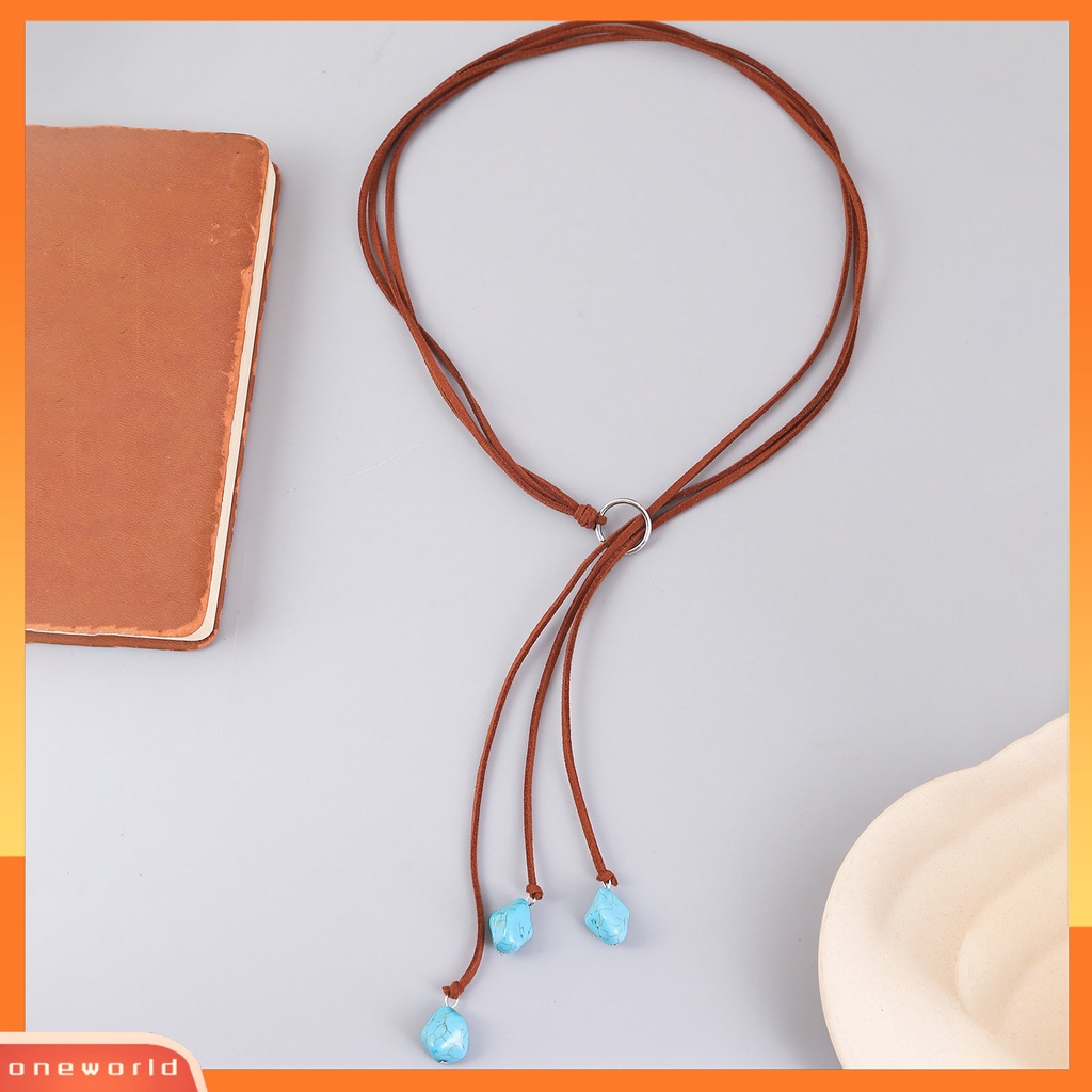 [ONE] Turquoise Adjustable Suede Tali Wanita Kalung Gaya Bohemian Liontin Kalung Kait Anting Perhiasan Aksesoris