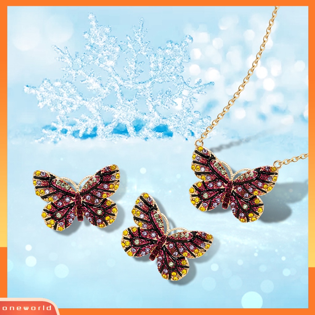 [ONE] 1set Set Perhiasan Bersinar Kupu-Kupu Berbentuk Temperamen Menarik Kilau Cerah Dekorasi Electroplating Lady Dress Leher Rantai Anting Wanita Aksesori