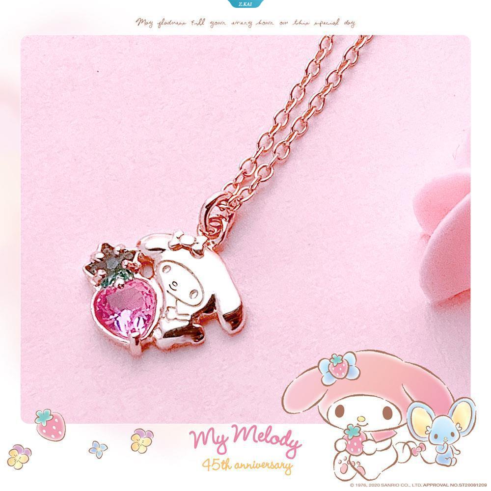 Sanrio Perhiasan Perak Fashion Elegan Sanrio Mymelody Strawberry Bright Crystal Plated Sterling Silver Stud Earrings Rose Gold Kwaii Jewelry [ZK]