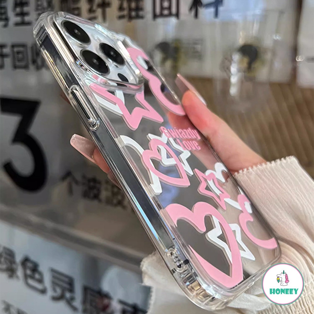 IPHONE Cute Pink Love Stars Makeup Mirror Phone Case Untuk Iphone14 12 13 Pro Max11 Gadis Kasus Gaya Silikon Pelindung Cover