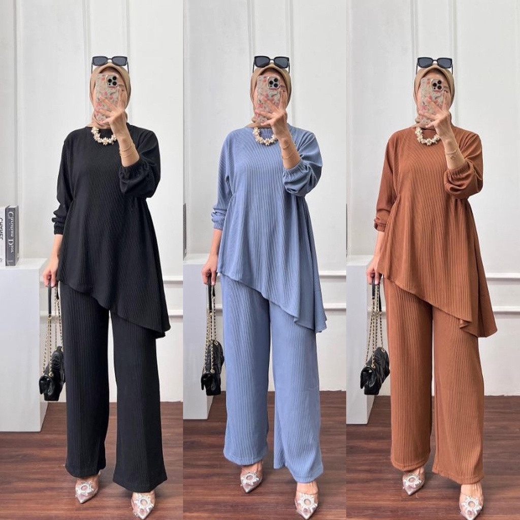 BEFAST - ZNF OOTD WANITA SETELAN NONI / One Set Ivone RIB Knit / Oneset Model Terbaru / Fashion Casual Remaja ABG / Set Atasan Lengan Panjang+Celana Kulot Panjang / Outfit Daily Wanita Hijab / Setelan Polos Formal / Oneset Terlaris